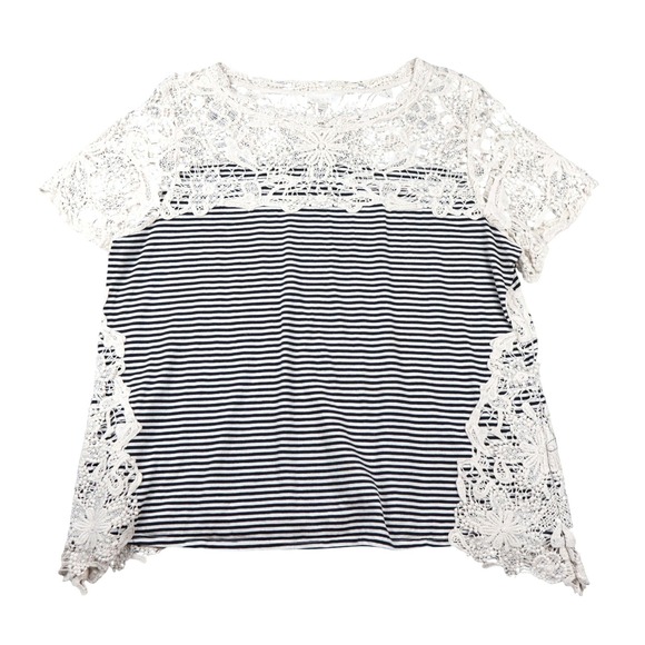 Adiva Tops - Adiva Womens 1X Striped Crochet Open Lace Short Sleeve Top Black & White VTG 00s